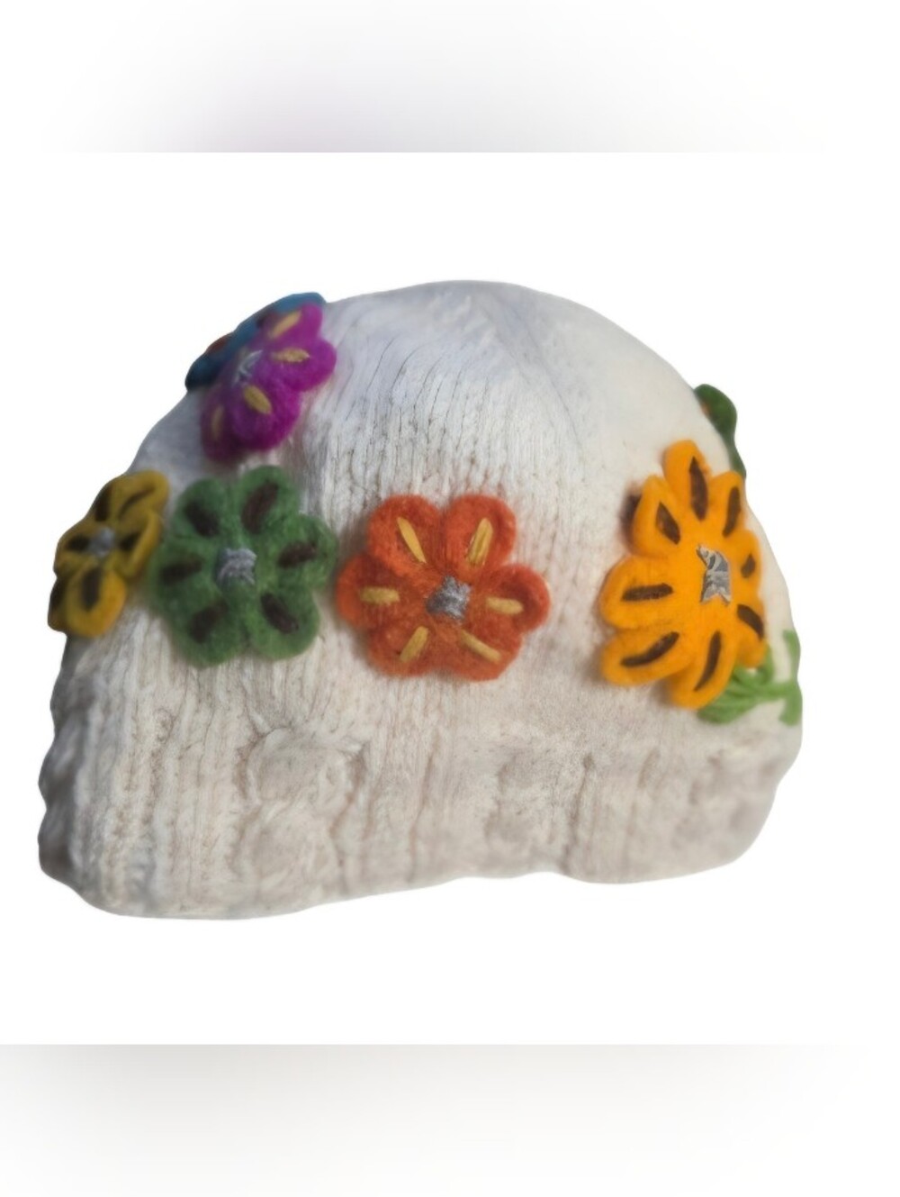 Turtle Fur Knit Wool Boggan Cap with applique flowers. Great condition.